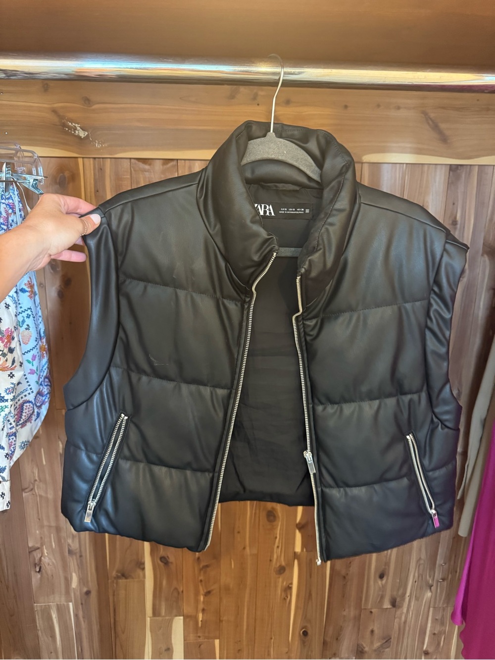 ZARA Black Quilted Faux-Leather Puffer Vest with Zip Pockets